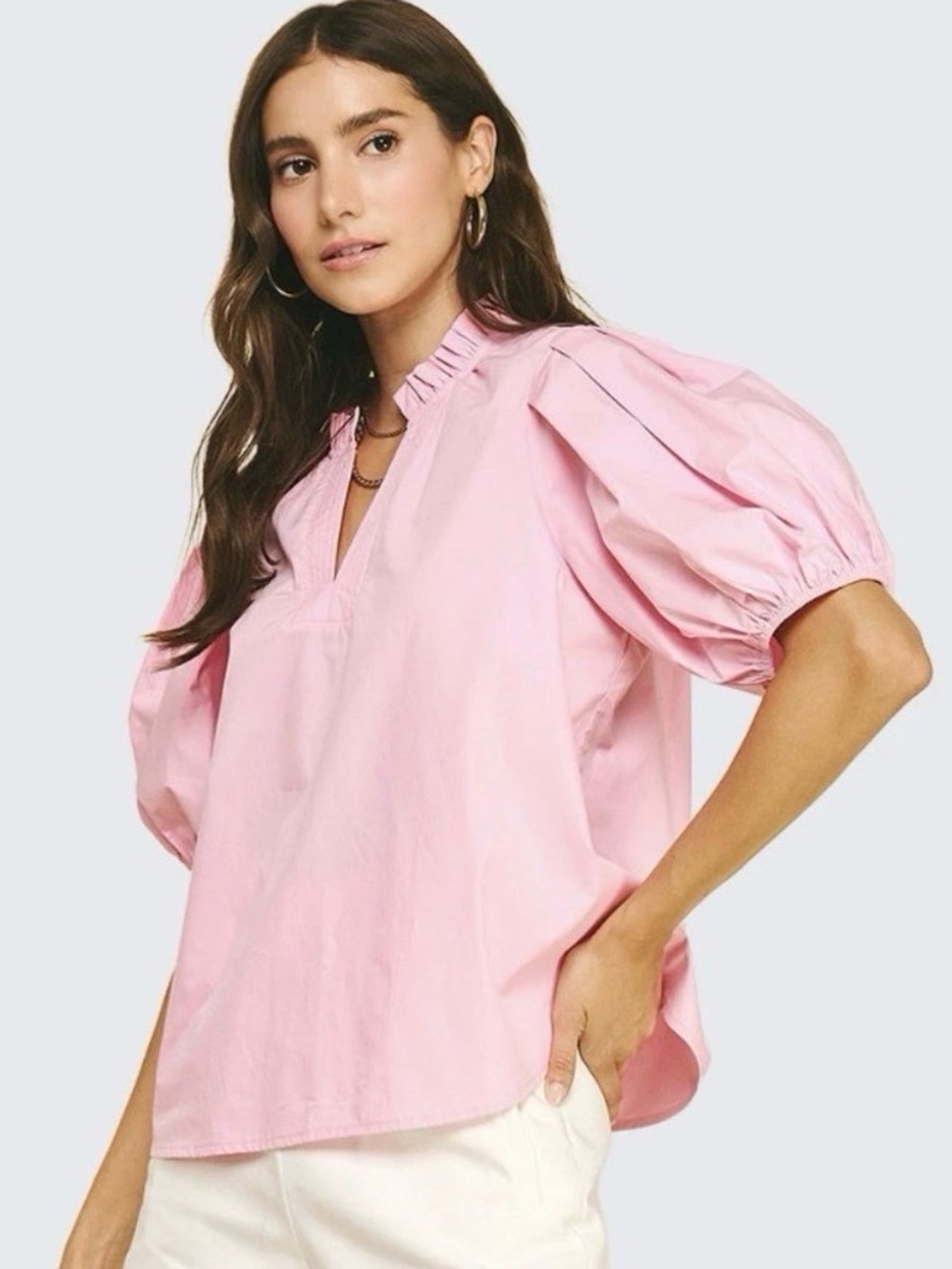 41 Hawthorn Pink Puff-Sleeve V-Neck Blouse